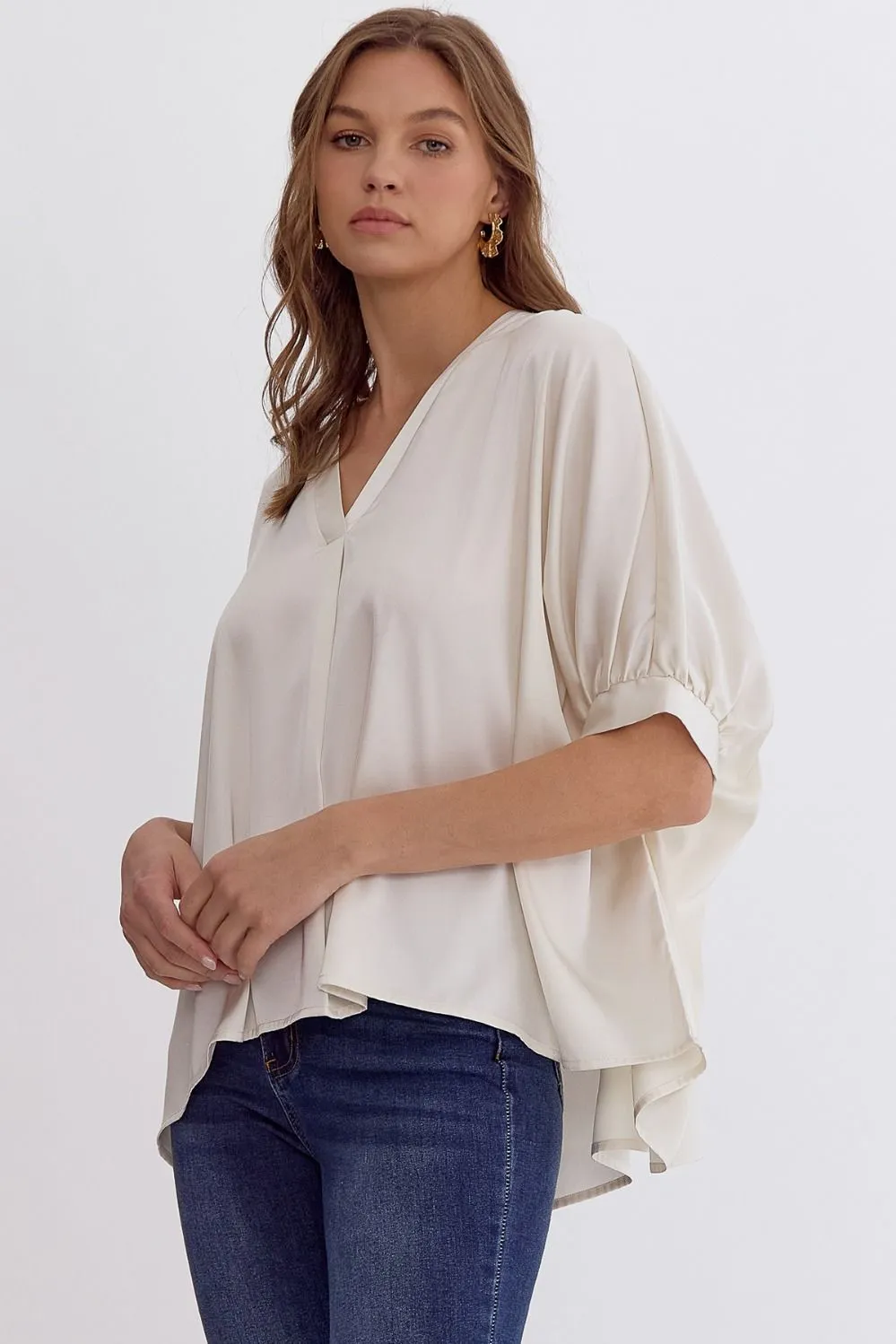 Satin V-Neck 1/2 Sleeve Top