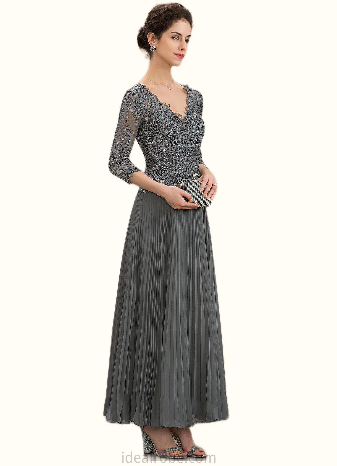 Serenity A-Line V-neck Ankle-Length Chiffon Lace Mother of the Bride Dress With Sequins Pleated STK126P0014745