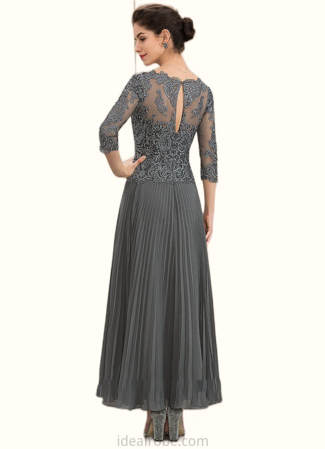 Serenity A-Line V-neck Ankle-Length Chiffon Lace Mother of the Bride Dress With Sequins Pleated STK126P0014745