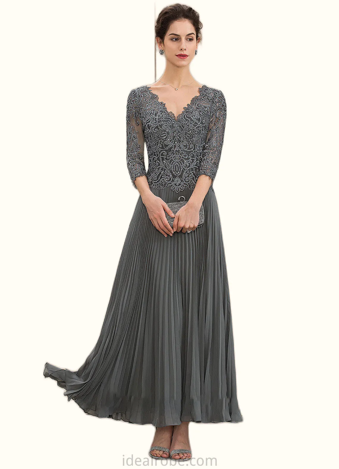 Serenity A-Line V-neck Ankle-Length Chiffon Lace Mother of the Bride Dress With Sequins Pleated STK126P0014745