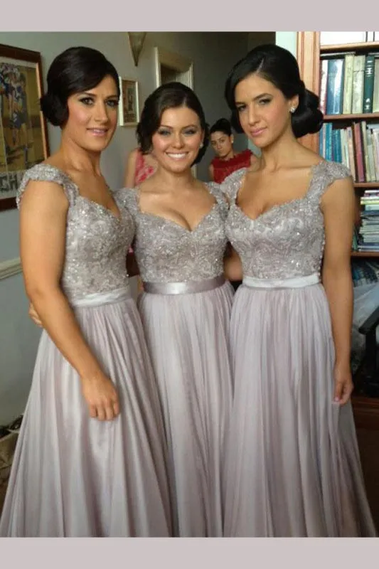 Silver Hot V-neck Chiffon Lace Appliques Bridesmaid Dress