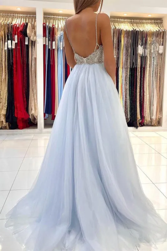 Sky Blue Tulle Long Prom Dress With Beads