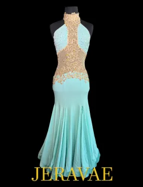 Sleeveless Mint Blue Smooth Ballroom Dress with Gold Lace Appliqué, Mesh Insert, High Halter Neck, Stones, and Straps on Back Sz XS Smo217