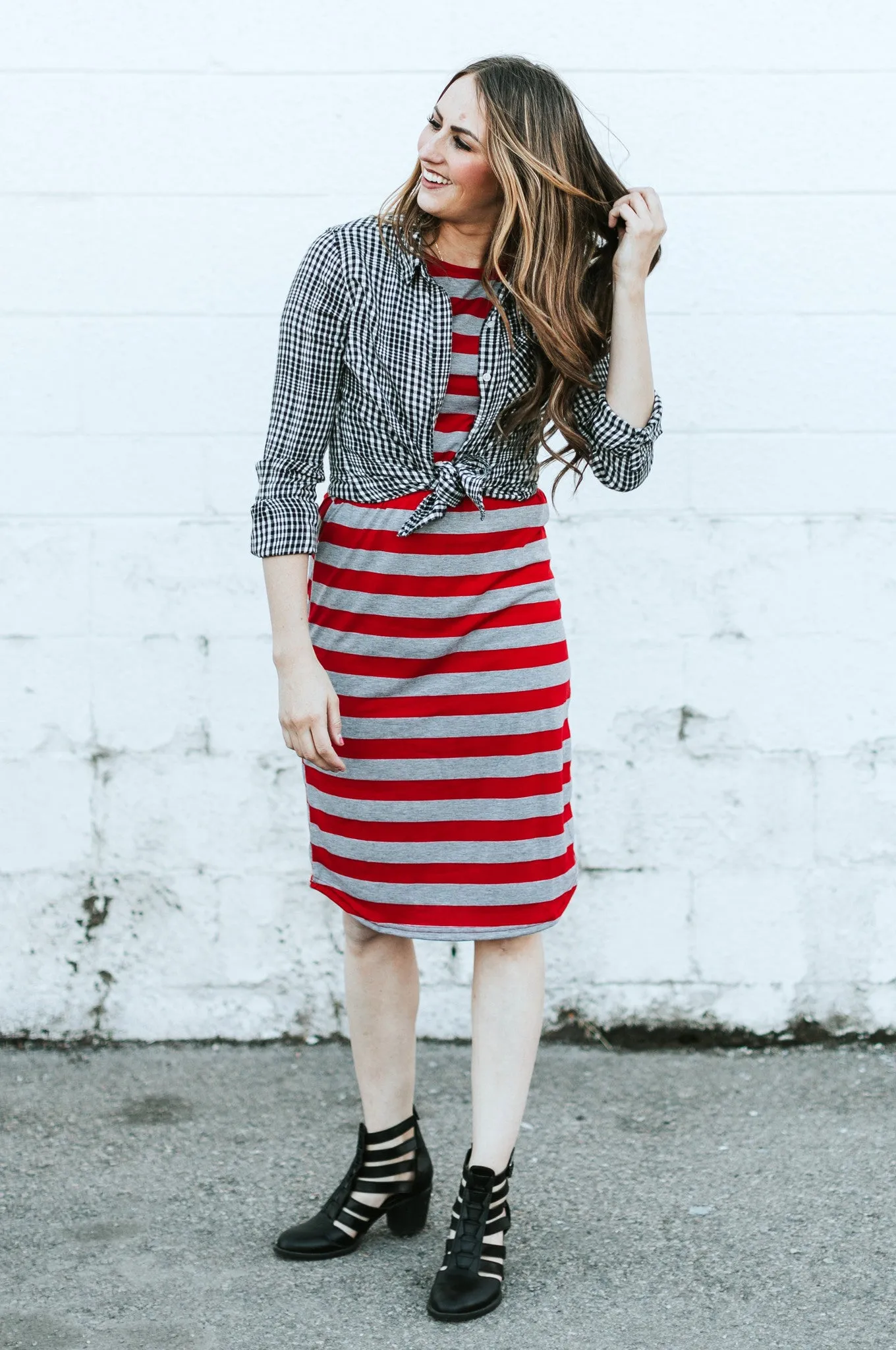 Striped Tee Dress: Red and Gray Thick Stripes