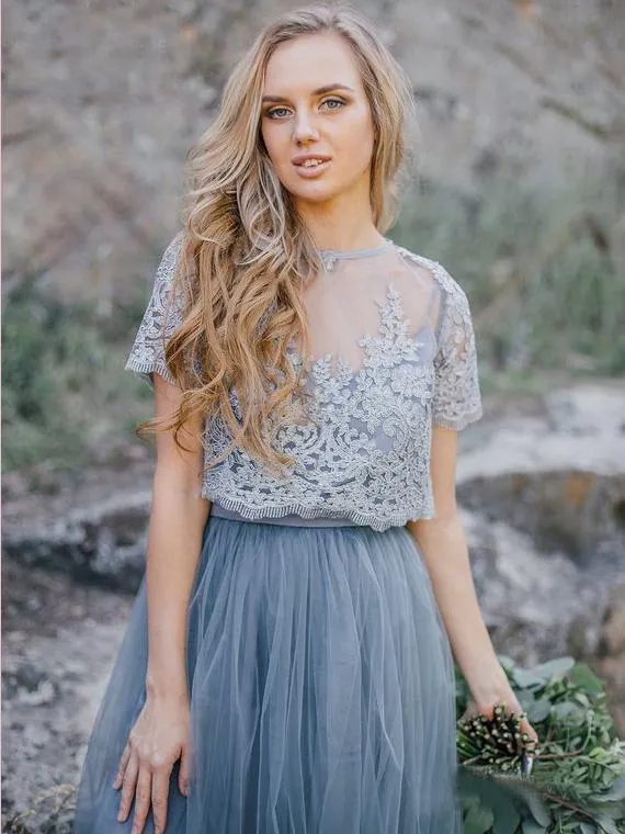 Two Piece Lace Prom Dress Silver Short Sleeve Tulle Plus Size Prom Dress #ER284