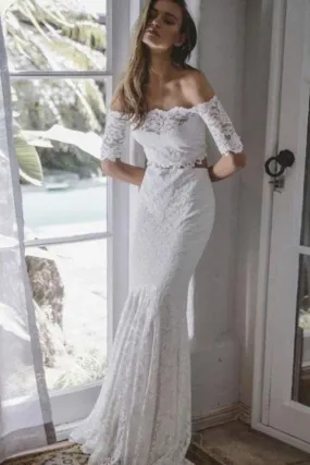 Two Pieces Ivory Lace Mermaid Off The Shoulder Wedding Dresses Beach Wedding STKPY4YB198