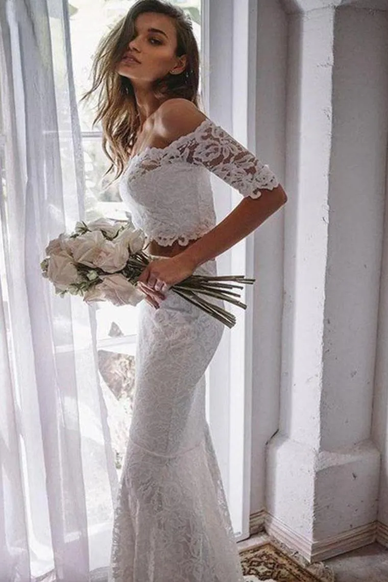 Two Pieces Ivory Lace Mermaid Off The Shoulder Wedding Dresses Beach Wedding STKPY4YB198