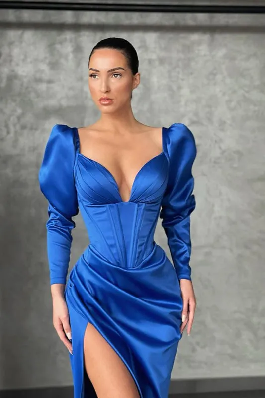 V-Neck Mermaid Prom Dress With Slit Long Sleeves