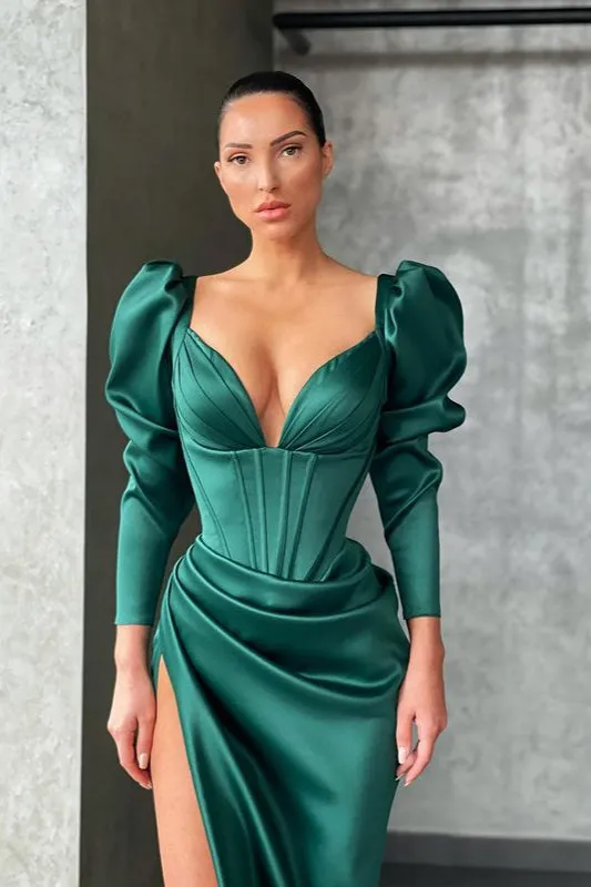 V-Neck Mermaid Prom Dress With Slit Long Sleeves