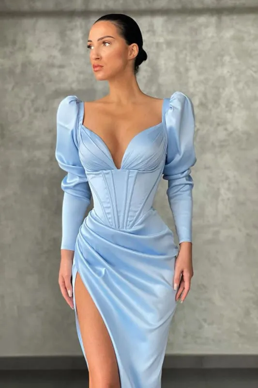 V-Neck Mermaid Prom Dress With Slit Long Sleeves