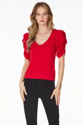 V-NECK SHIRRED SLEEVE TOP