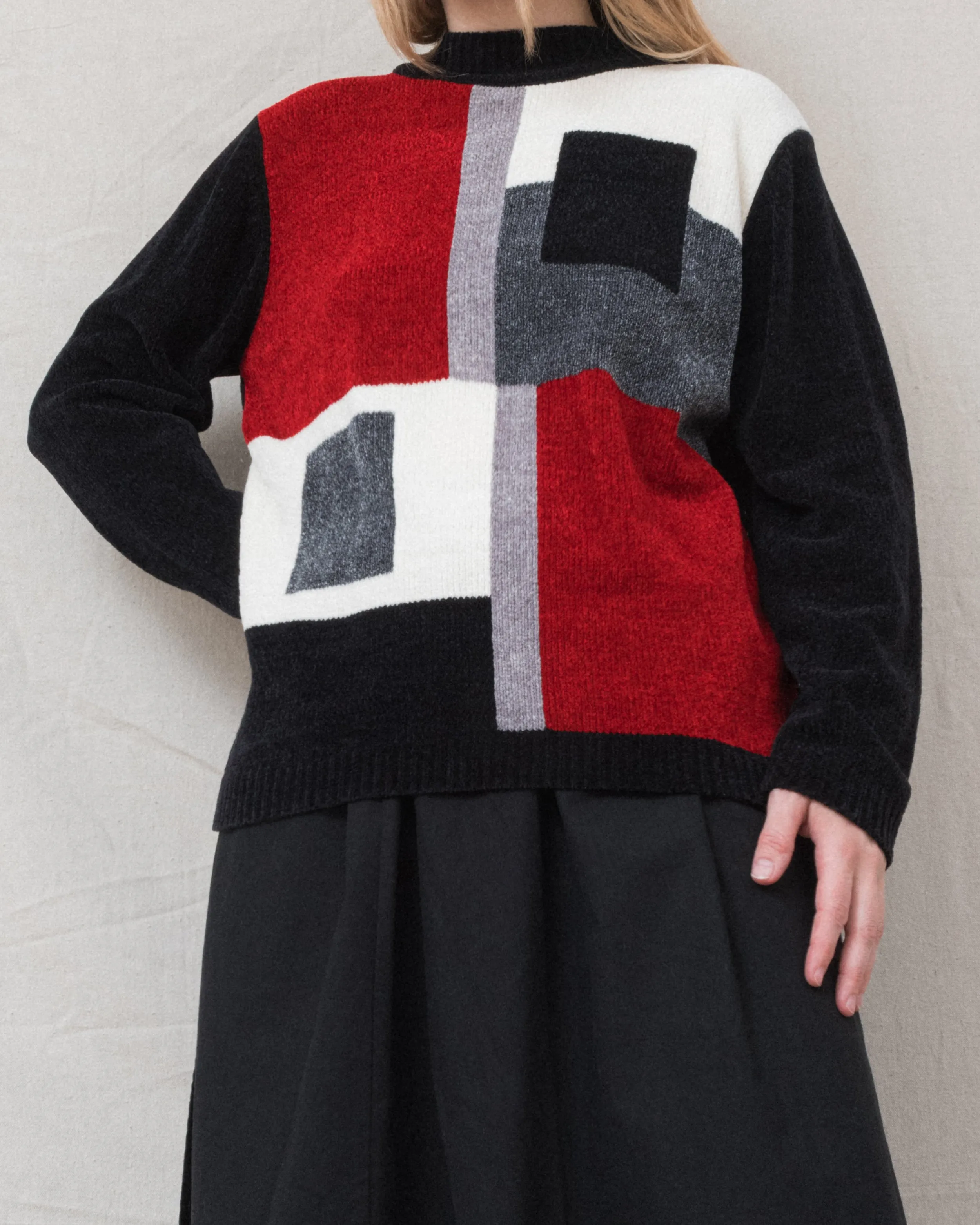 Vintage Retro-Inspired Geometric Chenille Knit Sweater (S/M) - Cozy Classic Style