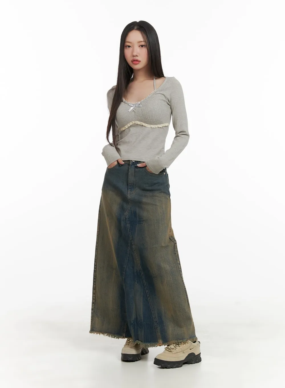 Vintage Washed Denim Maxi Skirt CA415