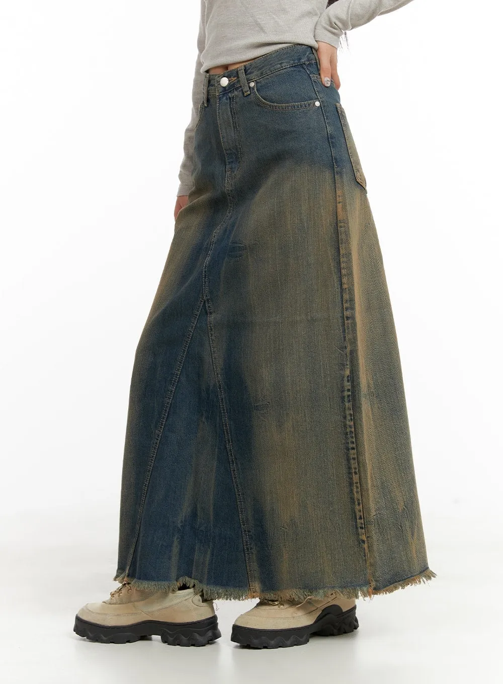 Vintage Washed Denim Maxi Skirt CA415