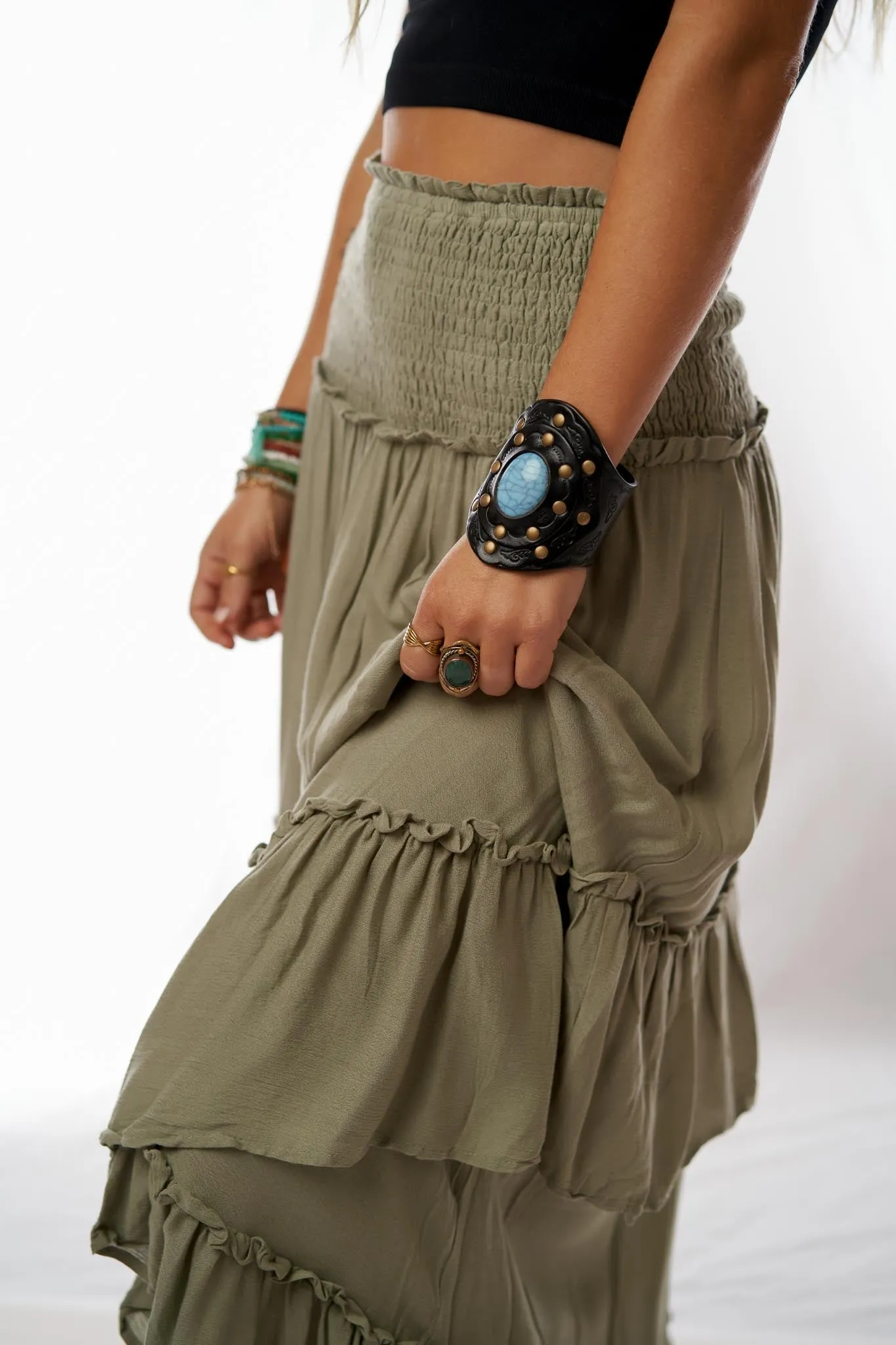 Washed Ashore Olive Green Ruffled Maxi Skirt for Women