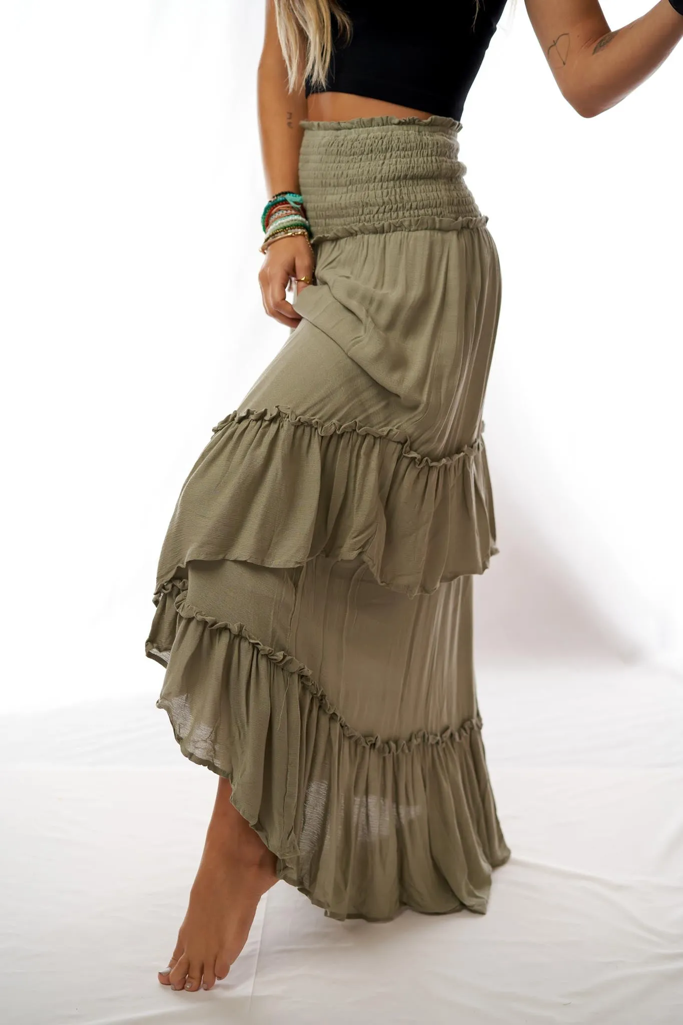 Washed Ashore Olive Green Ruffled Maxi Skirt for Women