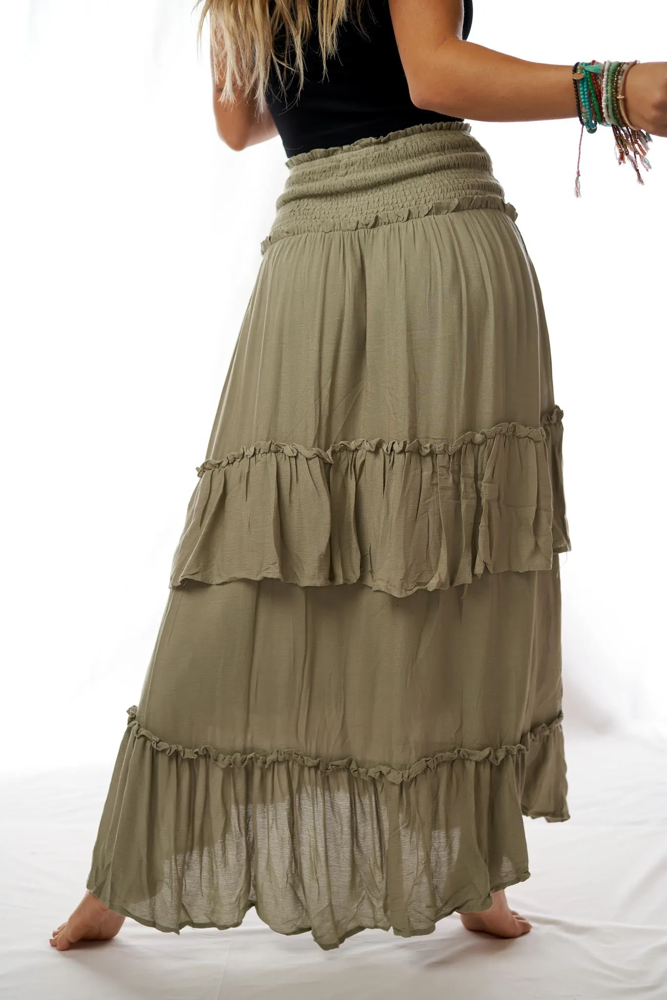 Washed Ashore Olive Green Ruffled Maxi Skirt for Women