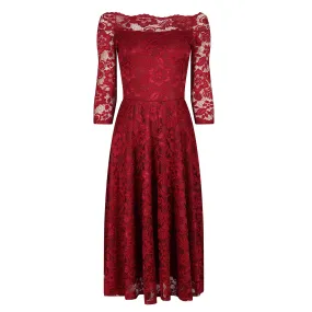 Wine Red Lace Vintage Style Swing Dress With 3/4 Sleeves & Boat Neck