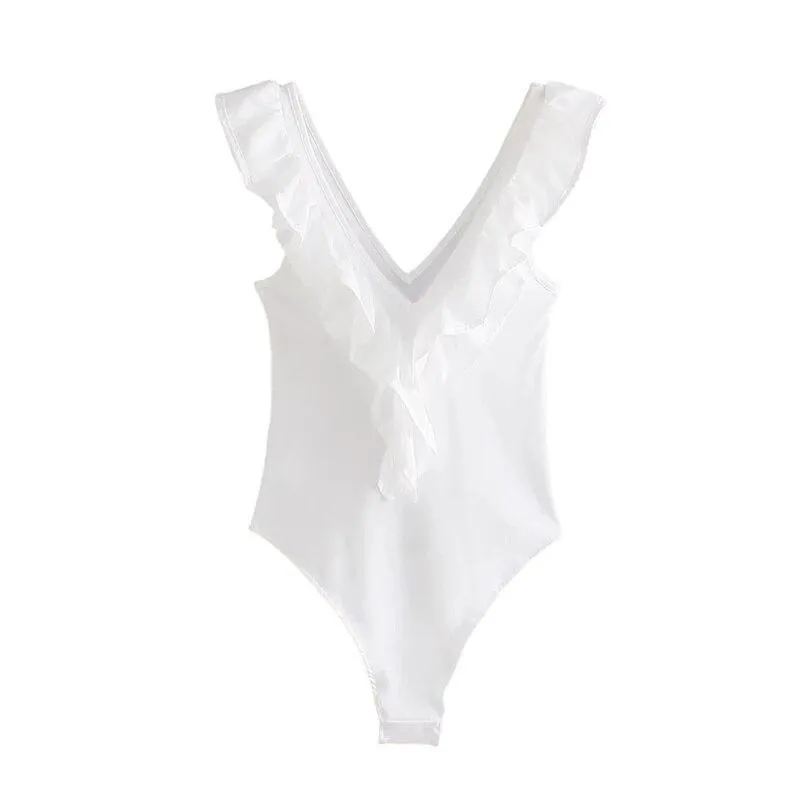 Woman Sexy White Slim V Neck Ruffles Bodysuit