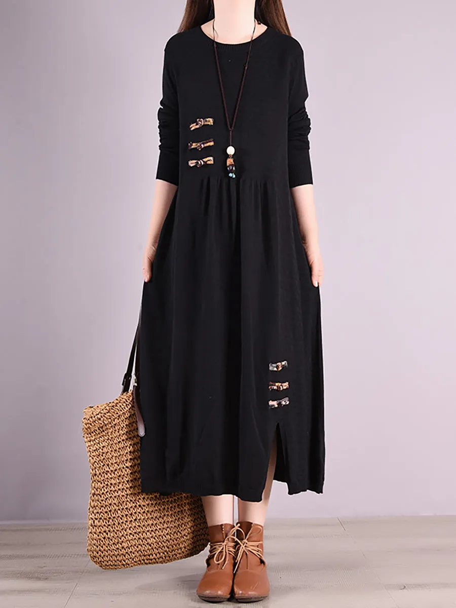 Women Autumn Vintage Pleated Solid Sweater Dress