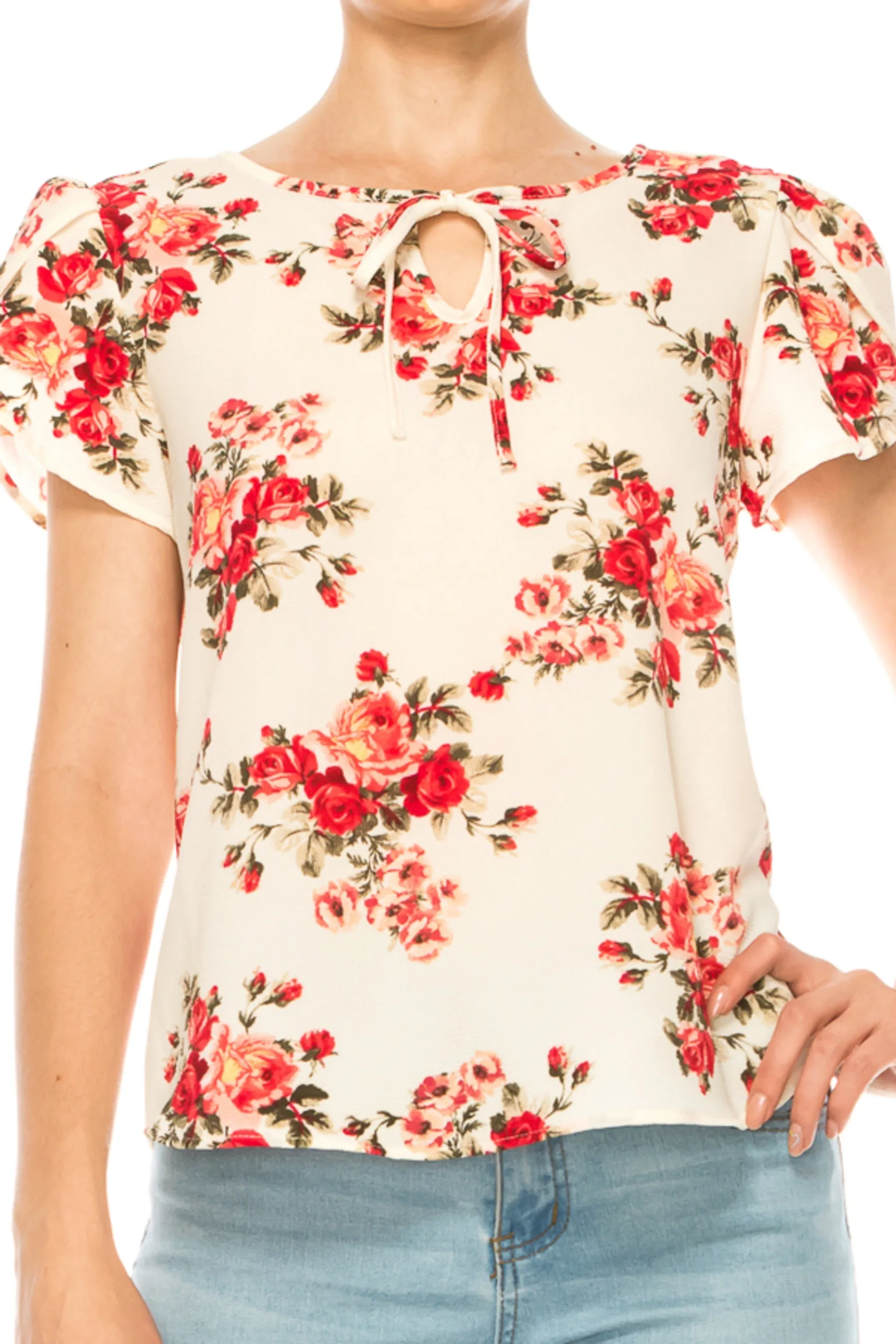 Women's Floral Pattern Short Sleeve Tunic Top Blouse