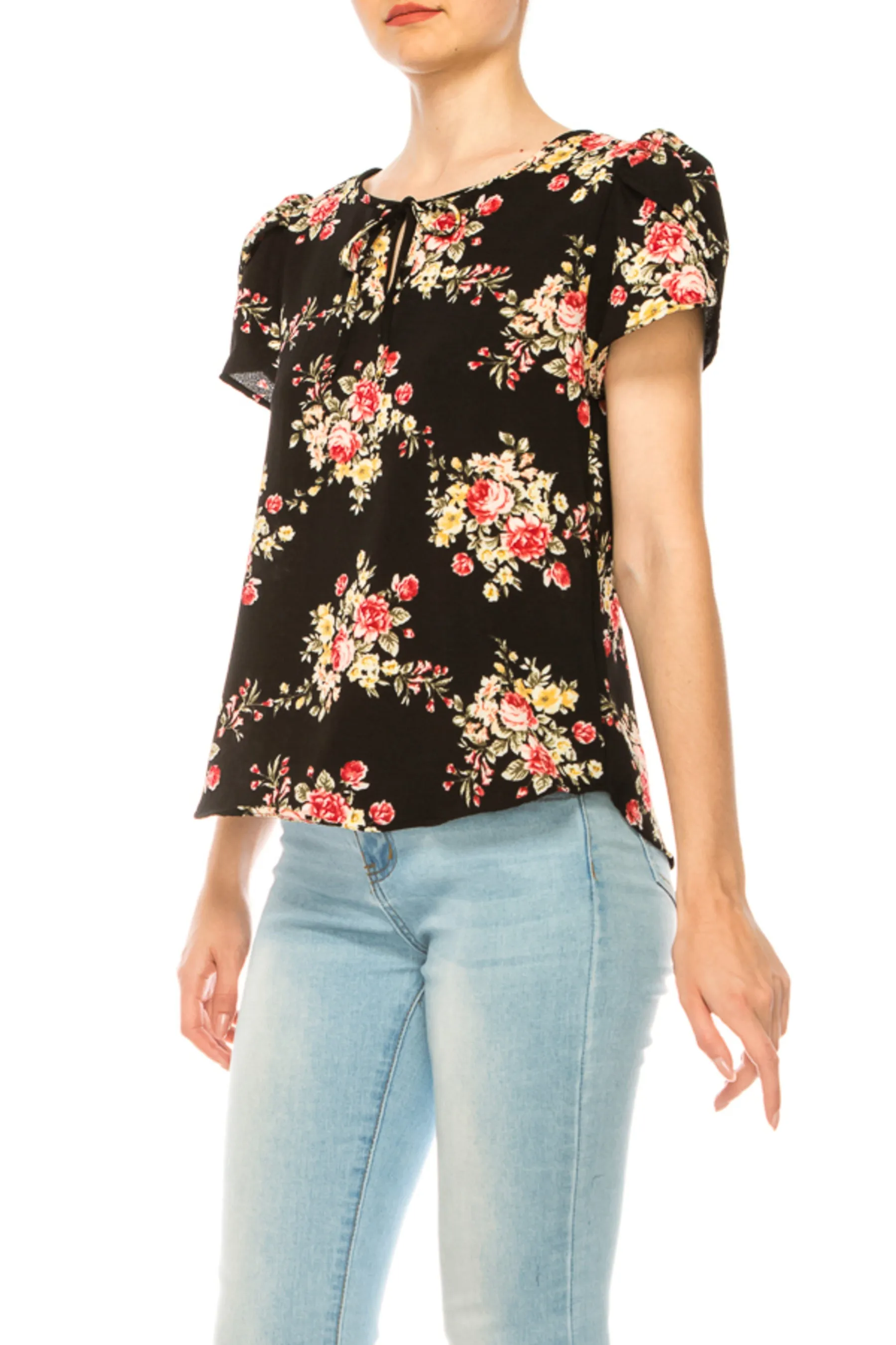 Women's Floral Pattern Short Sleeve Tunic Top Blouse